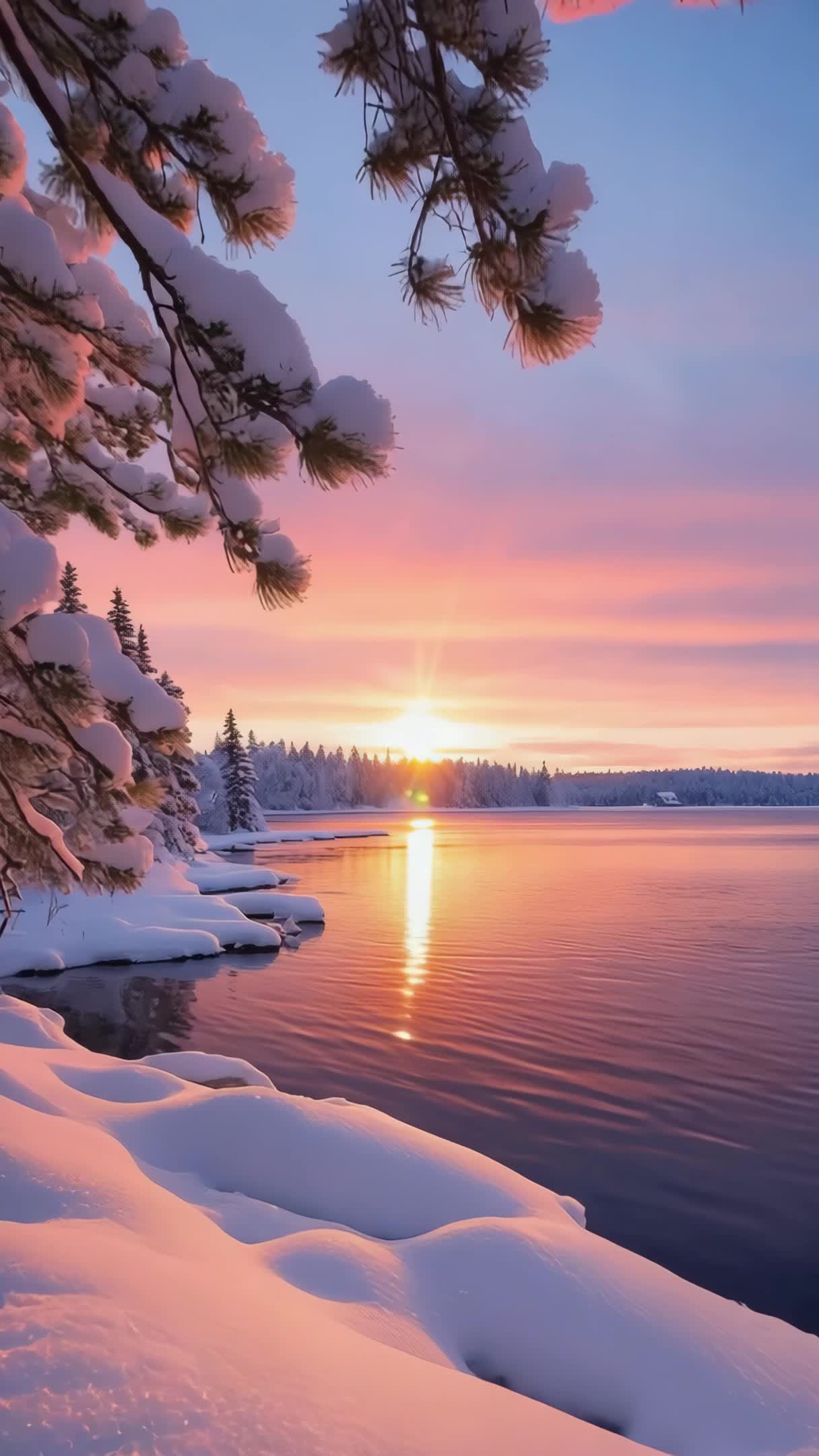 冬日湖畔雪景日出景观