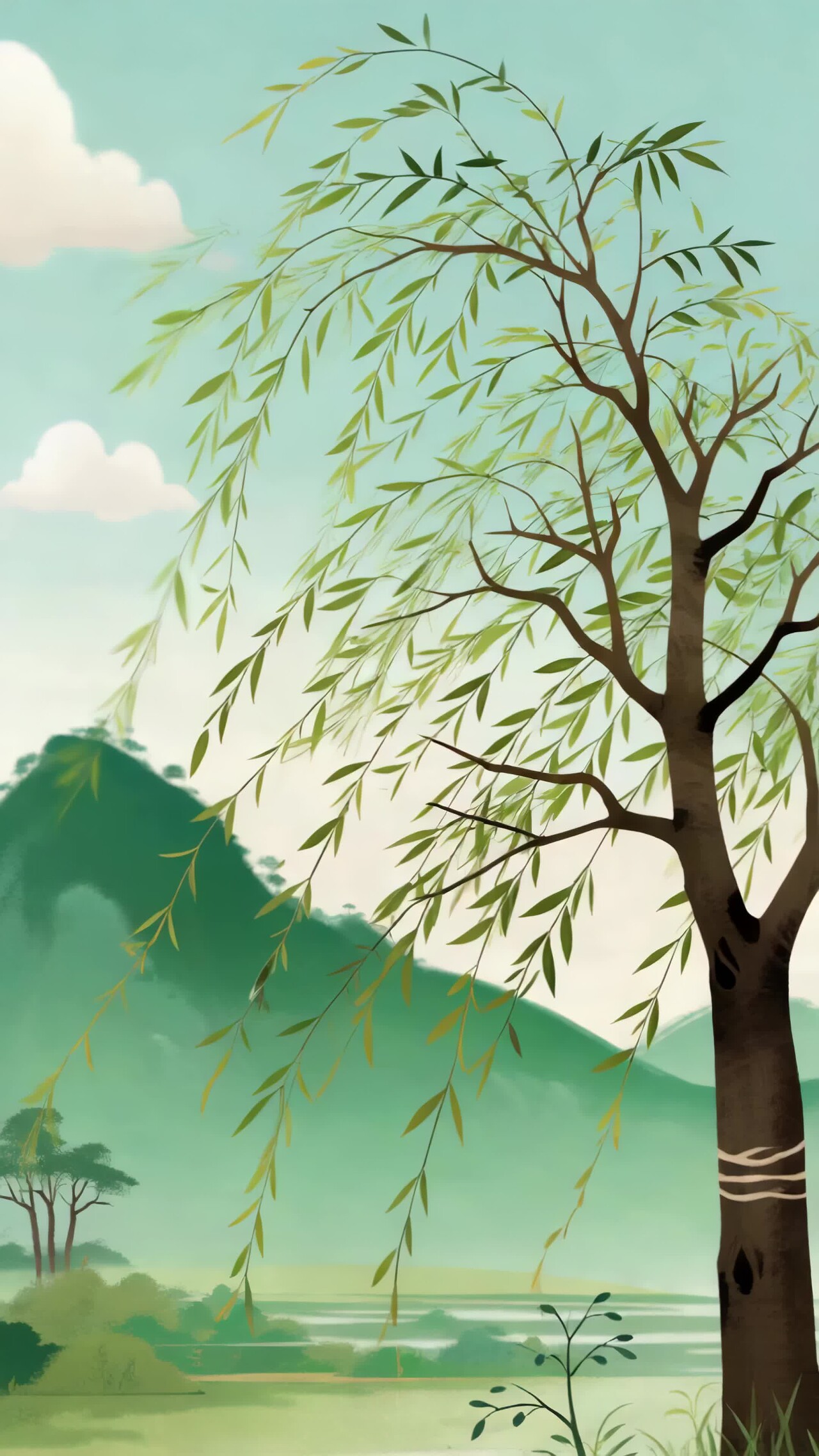 垂柳自然风光插画素材