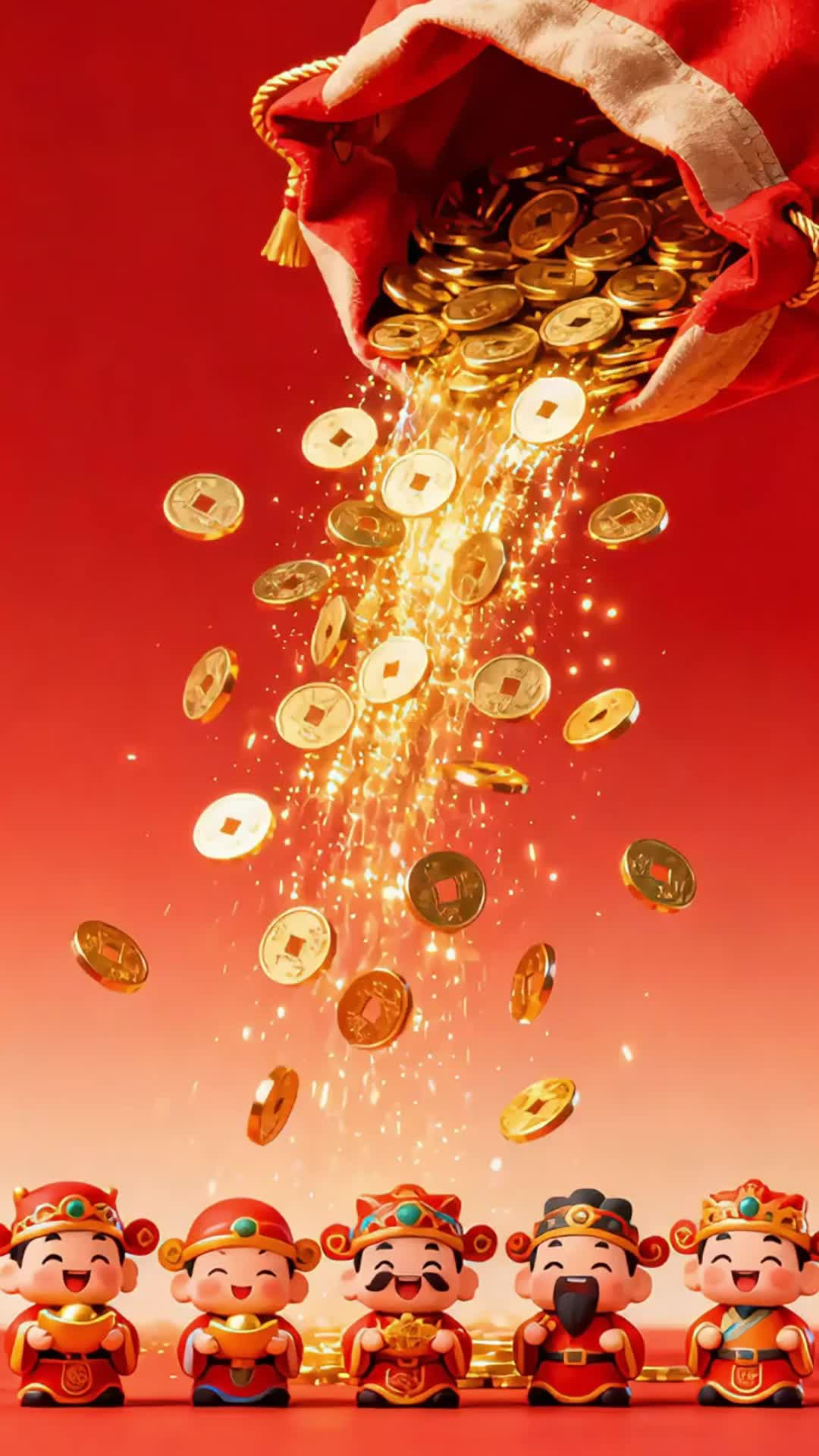 钱袋子里往下掉金币的视频喜庆欢乐过年场景
