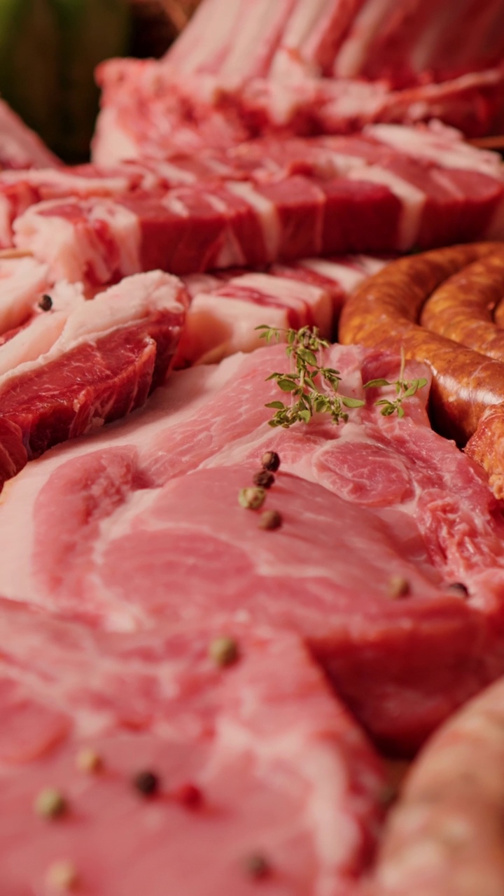 竖屏餐桌上的生肉羊肉和猪肉块